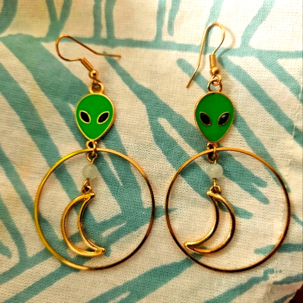 Long green alien and moon earrings Halloween